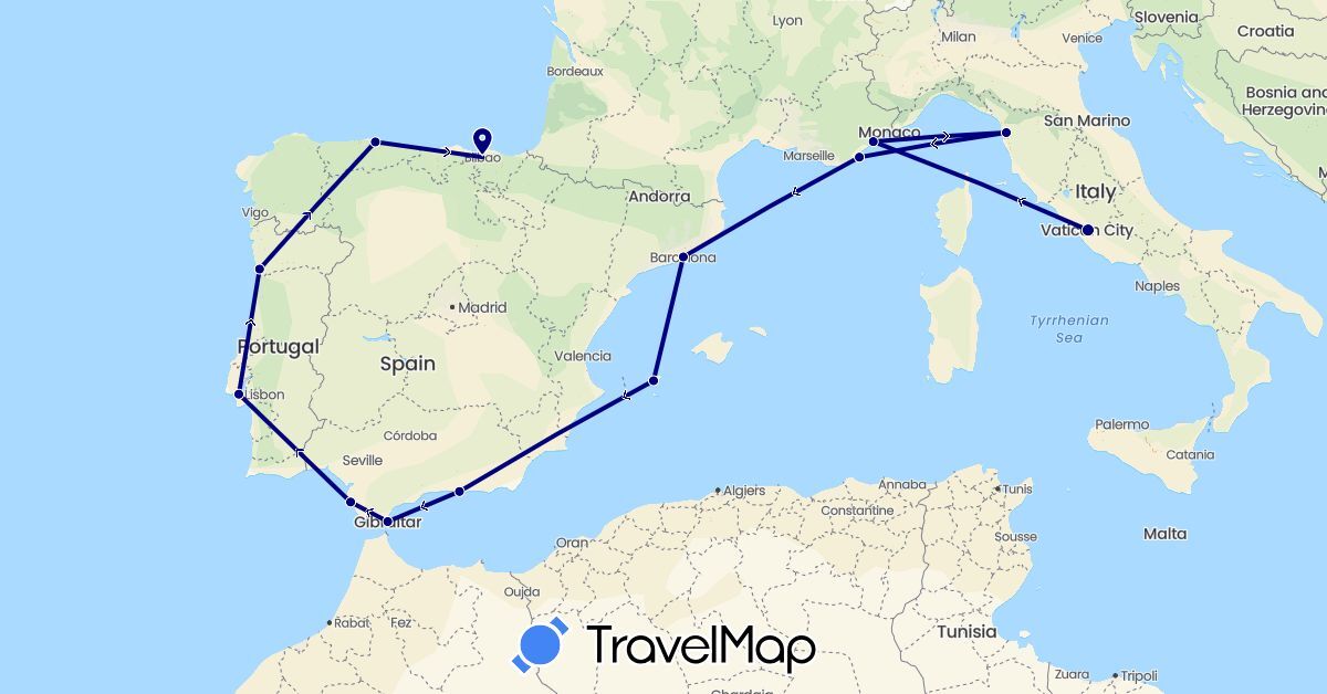 TravelMap itinerary: driving in Spain, France, Gibraltar, Italy, Portugal (Europe)